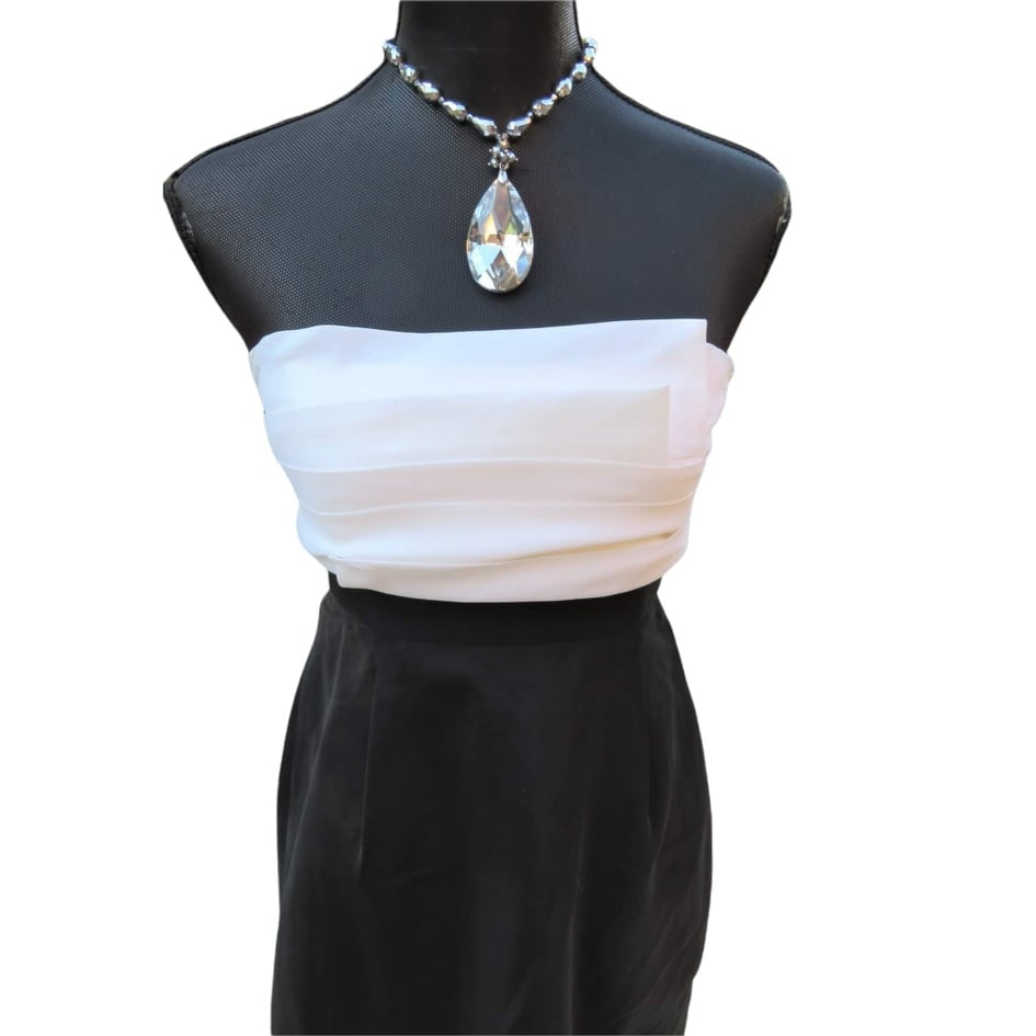 Elegant Silk Strapless Cocktail Dress in Black & Ivory