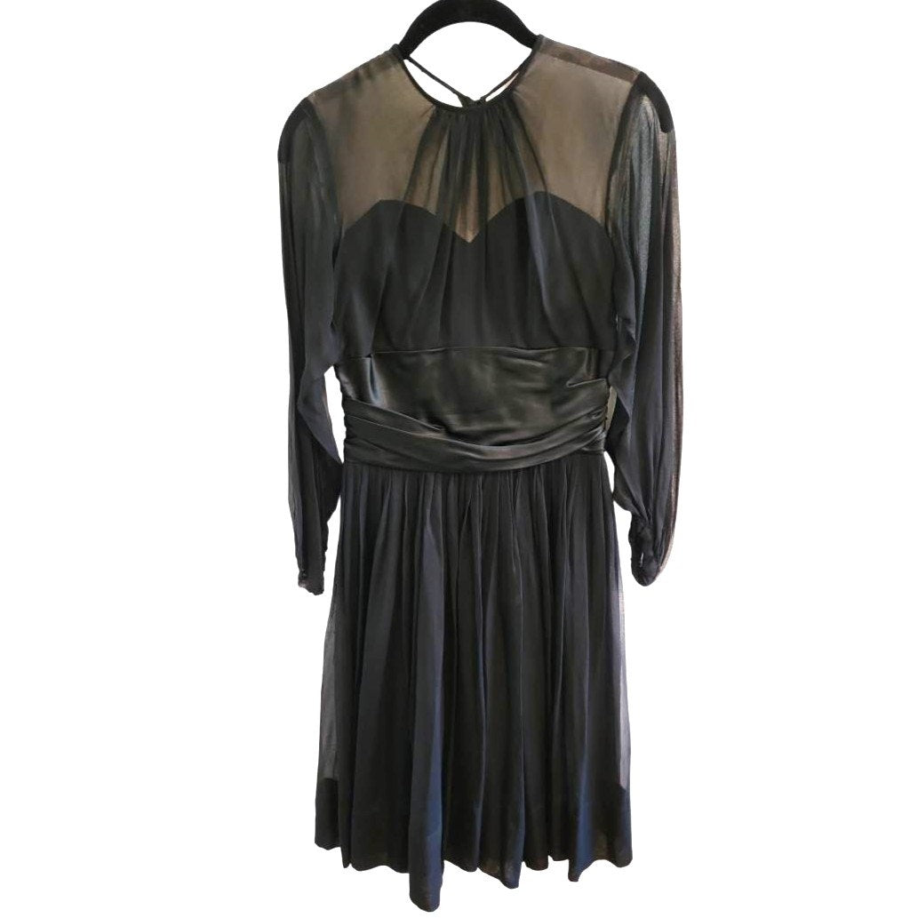 ONLY ONE!!! Vintage 1950s Black Chiffon Cocktail Dress – Sheer Illusion Bodice & Full Swing Skirt