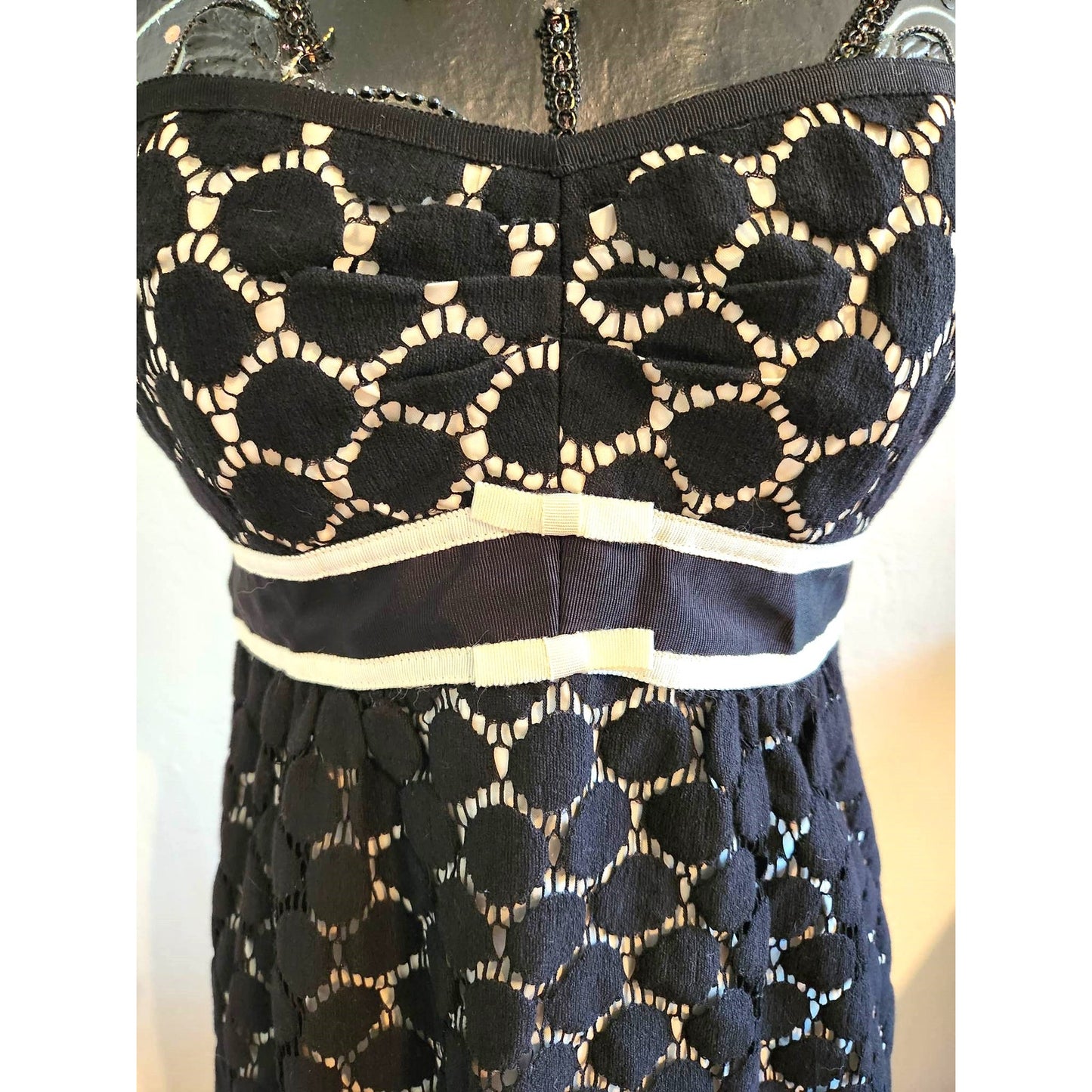 Nanette Lepore Black Lace Cocktail Dress with Ivory Grosgrain Ribbon – Size 6