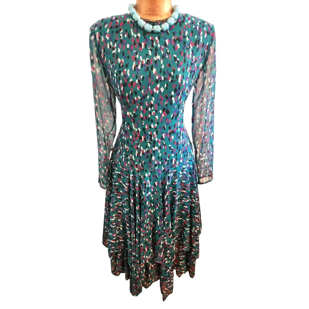 ONLY ONE!!! Vintage Doncaster Teal Chiffon Animal Print Drop Waist Dress Handkerchief Hem 8