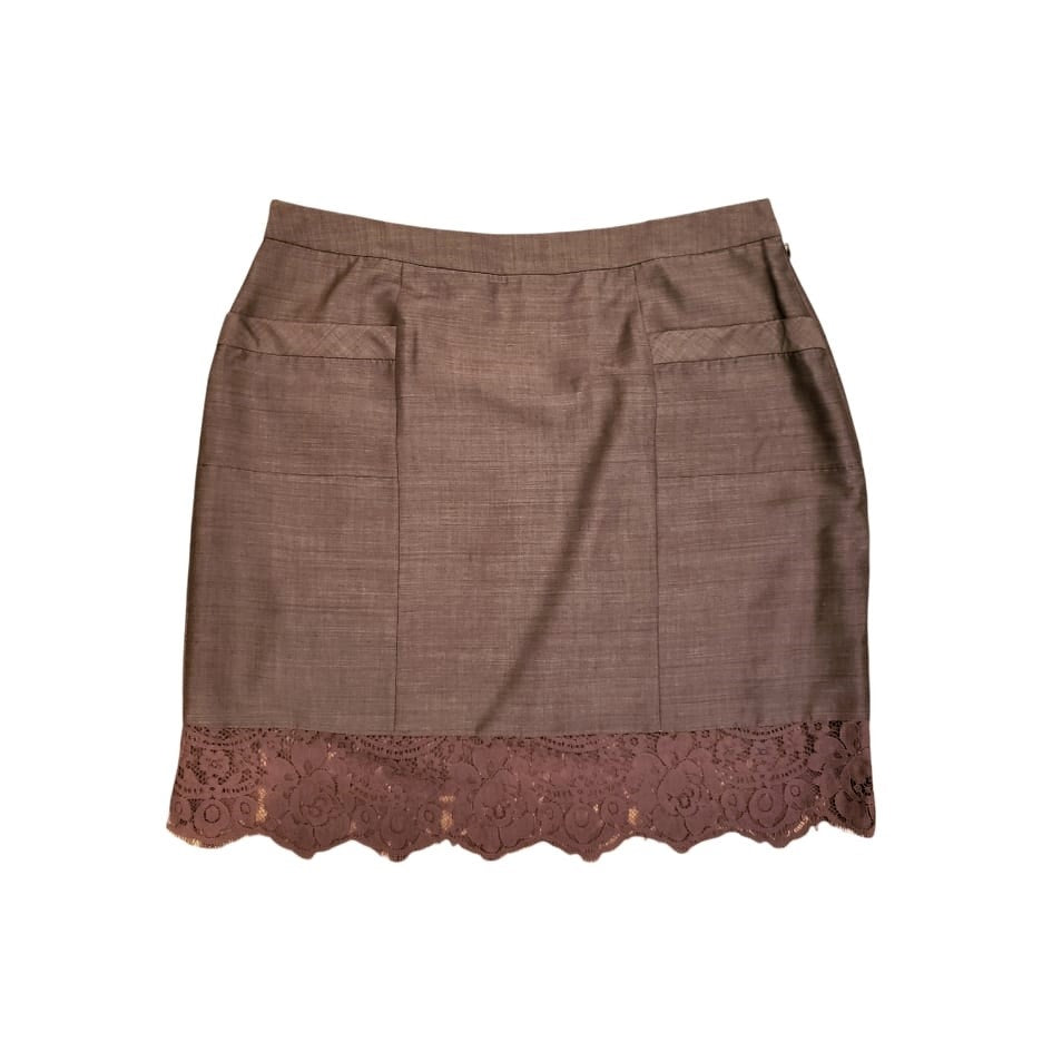 Tracy Reese Brown Mini Skirt Size 6 Lace Hem Designer Wool Mohair Blend Pockets