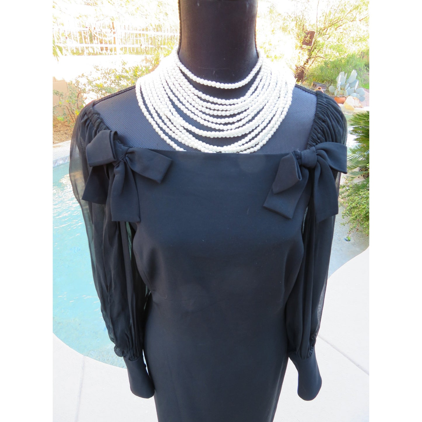 ONLY ONE!!! Vintage 1980s Capriccio Black Cocktail Dress with Sheer Sleeves ~ Size 10
