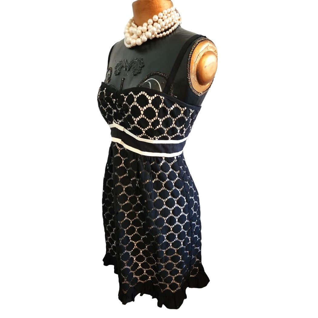 Nanette Lepore Black Lace Cocktail Dress with Ivory Grosgrain Ribbon – Size 6