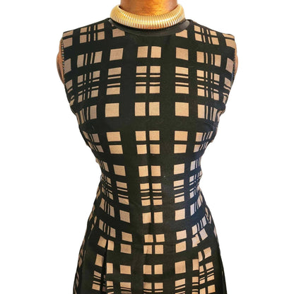 ONLY ONE!!! Vintage David Smith Black Gold Check Sleeveless Pleated Dress S