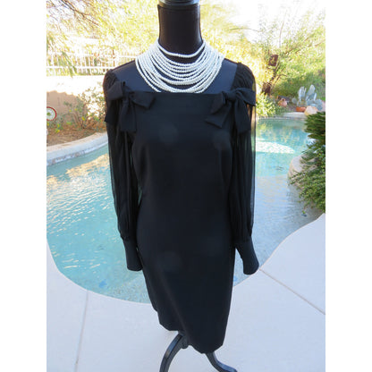 ONLY ONE!!! Vintage 1980s Capriccio Black Cocktail Dress with Sheer Sleeves ~ Size 10