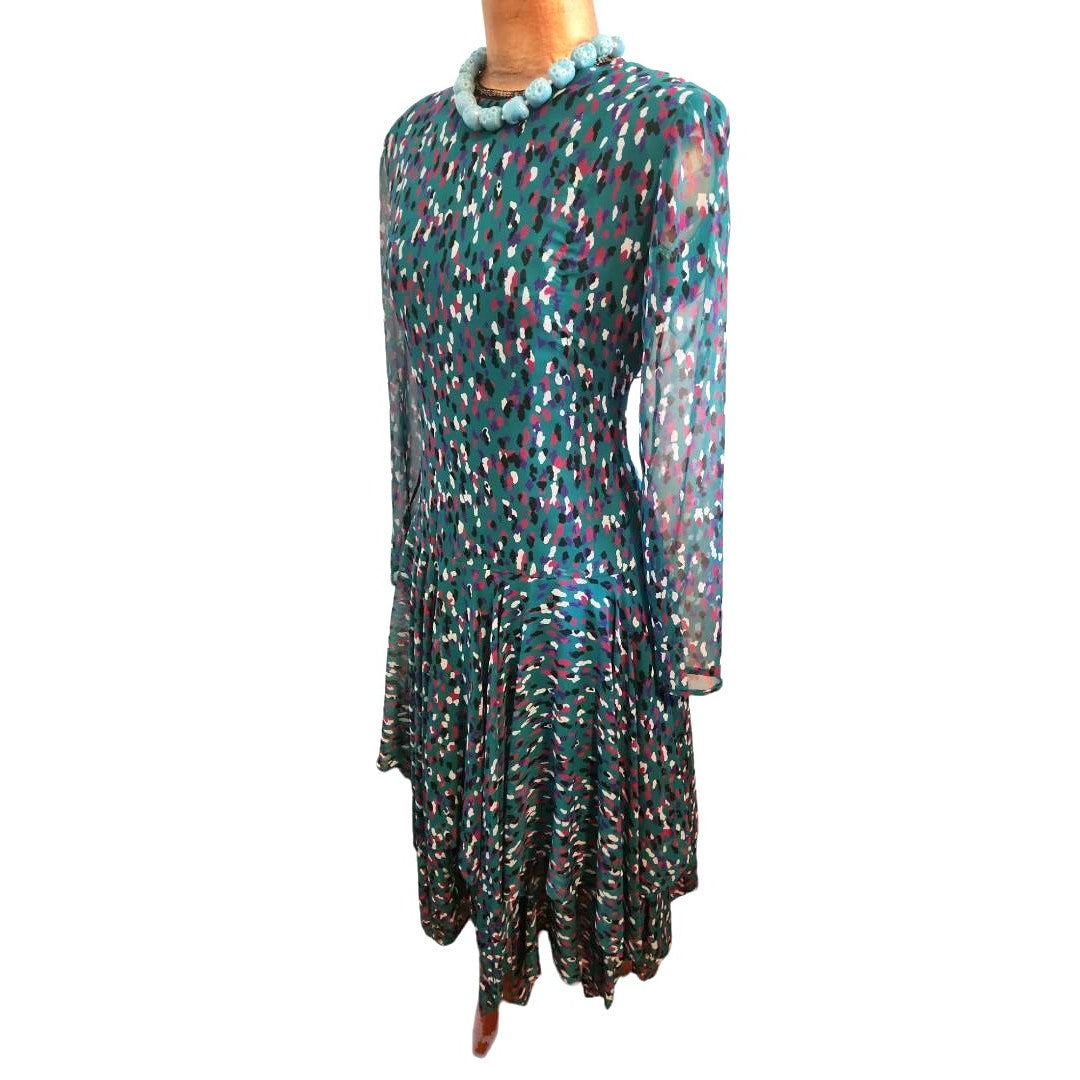 ONLY ONE!!! Vintage Doncaster Teal Chiffon Animal Print Drop Waist Dress Handkerchief Hem 8