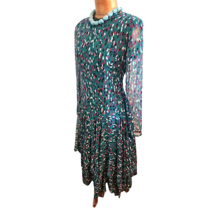 ONLY ONE!!! Vintage Doncaster Teal Chiffon Animal Print Drop Waist Dress Handkerchief Hem 8