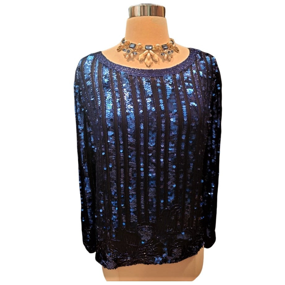 ONLY ONE!!! Vintage 1980s Blue Sequin Beaded Black Silk Top M/L