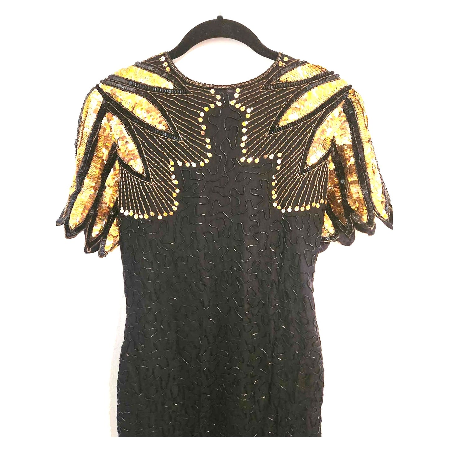 ONLY ONE!!! Vintage 1980s Stenay Black Gold Sequin Beaded Silk Dress ~ Petite 2
