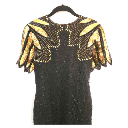 ONLY ONE!!! Vintage 1980s Stenay Black Gold Sequin Beaded Silk Dress ~ Petite 2