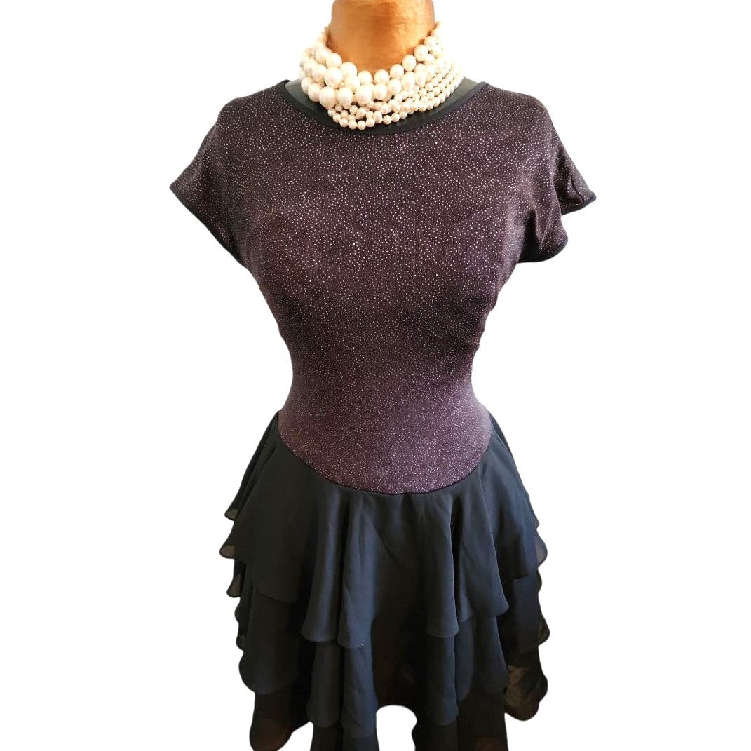 ONLY ONE!!! Vintage Late Edition Black Silver Sparkle Stretchy Dress ~ Ruffle Skirt Size 8