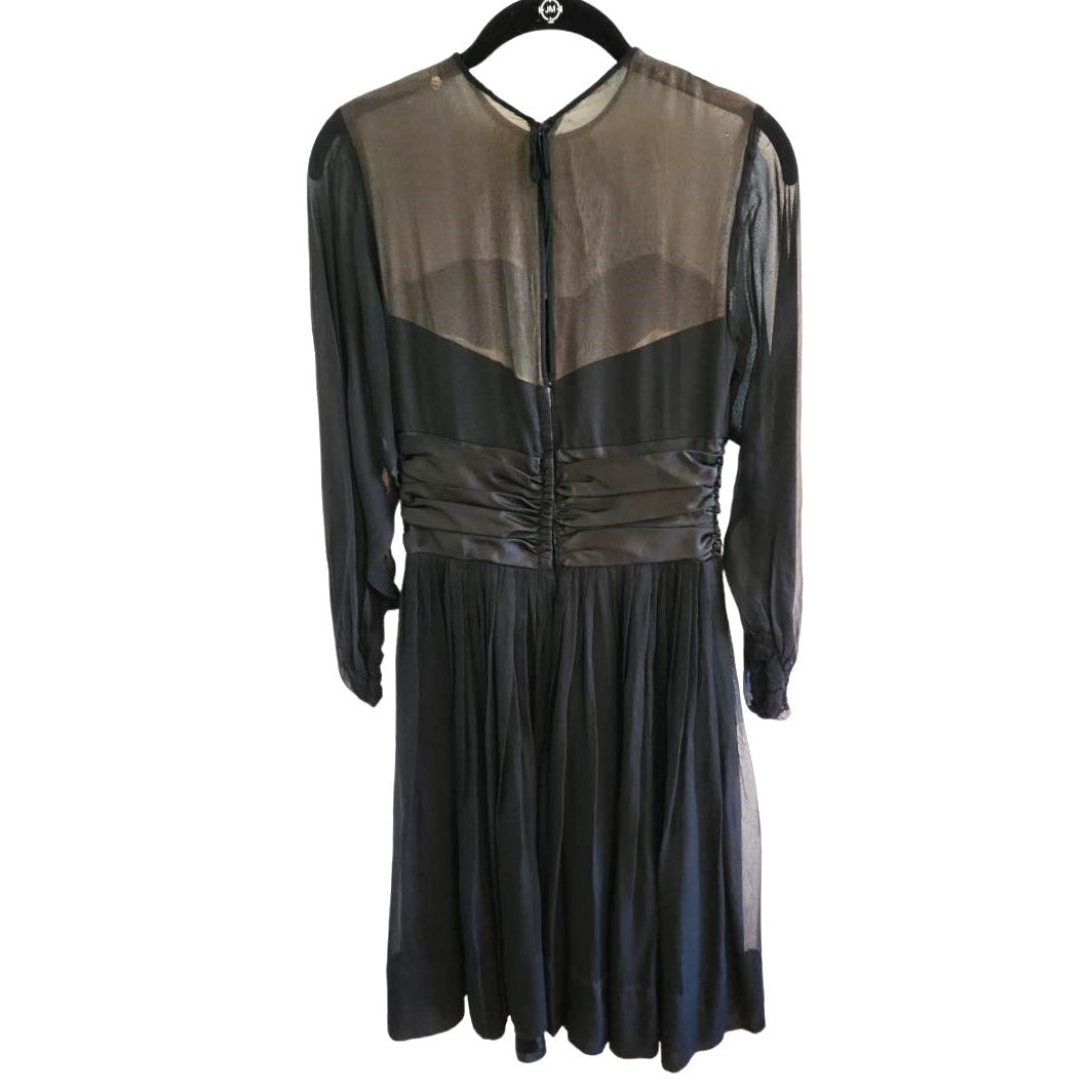 ONLY ONE!!! Vintage 1950s Black Chiffon Cocktail Dress – Sheer Illusion Bodice & Full Swing Skirt