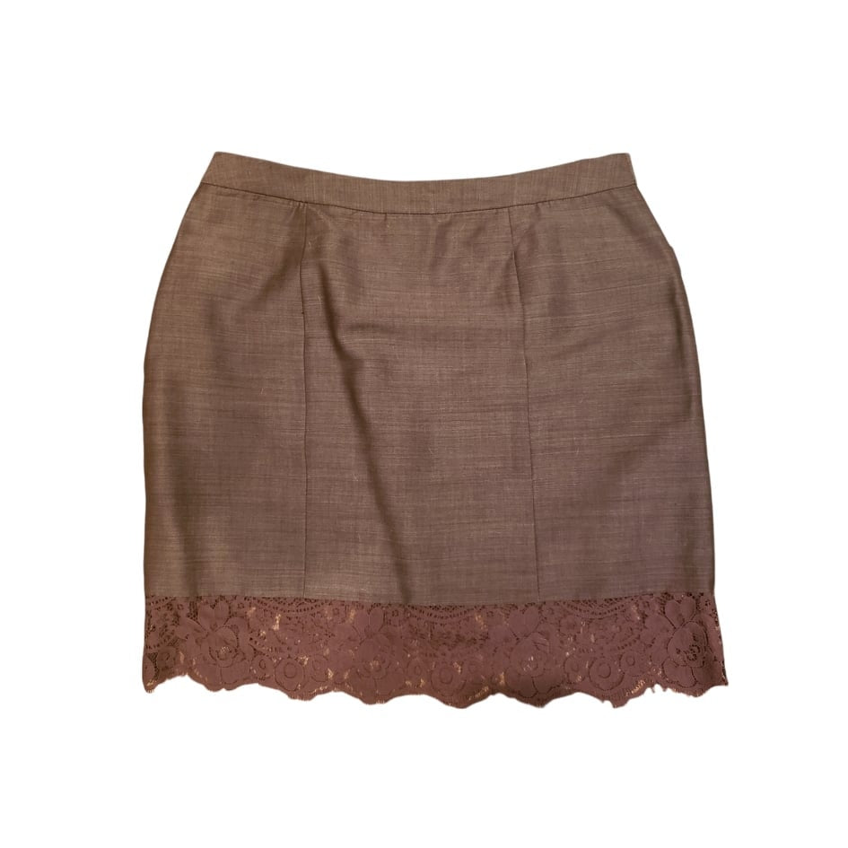 Tracy Reese Brown Mini Skirt Size 6 Lace Hem Designer Wool Mohair Blend Pockets