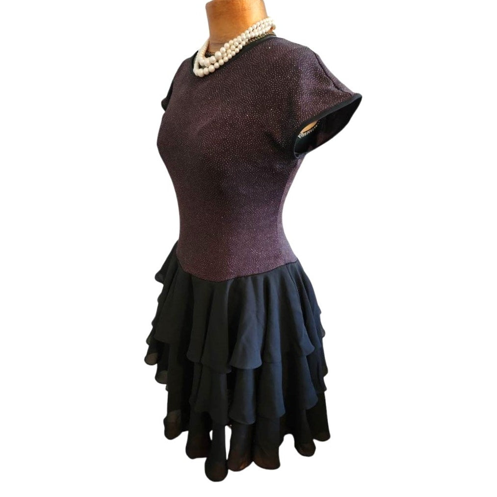 ONLY ONE!!! Vintage Late Edition Black Silver Sparkle Stretchy Dress ~ Ruffle Skirt Size 8