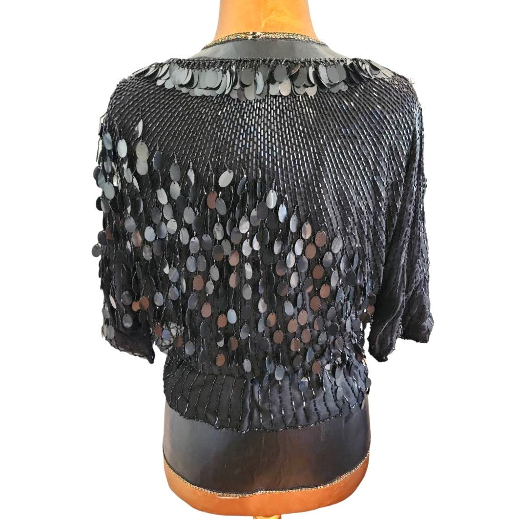 ONLY ONE!!! Vintage Oleg Cassini Black Sequin Beaded Silk Top ~ Size M/L