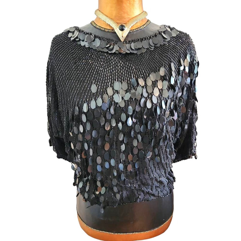 ONLY ONE!!! Vintage Oleg Cassini Black Sequin Beaded Silk Top ~ Size M/L