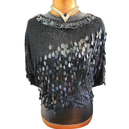 ONLY ONE!!! Vintage Oleg Cassini Black Sequin Beaded Silk Top ~ Size M/L