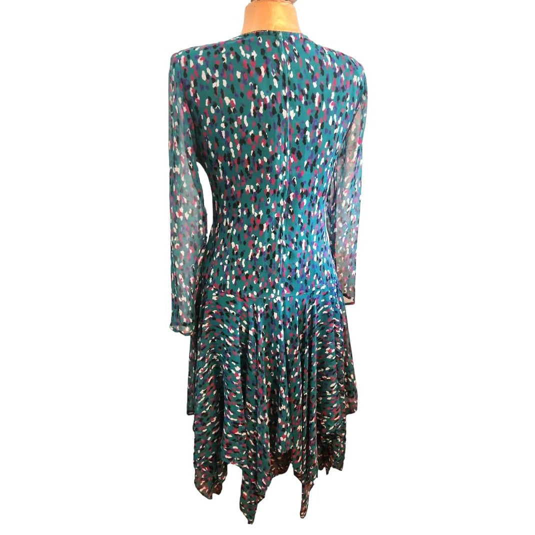 ONLY ONE!!! Vintage Doncaster Teal Chiffon Animal Print Drop Waist Dress Handkerchief Hem 8
