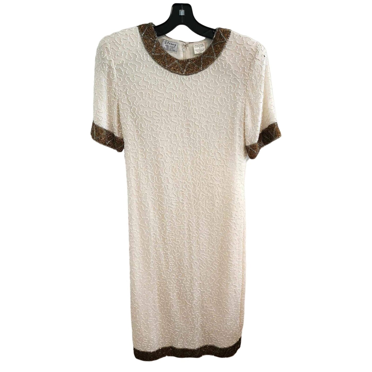 ONLY ONE!!! Vintage Stenay 100% Silk White Gold Beaded Dress ~ Size 4