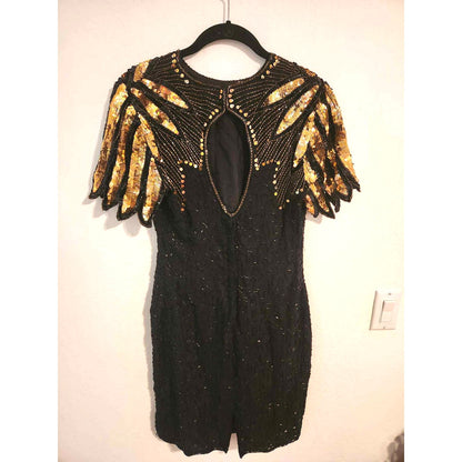 ONLY ONE!!! Vintage 1980s Stenay Black Gold Sequin Beaded Silk Dress ~ Petite 2