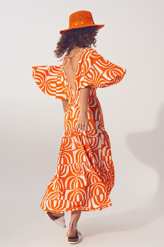 Boho Orange Abstract Print V-Neck Midi Dress Wrap Front Tie Back