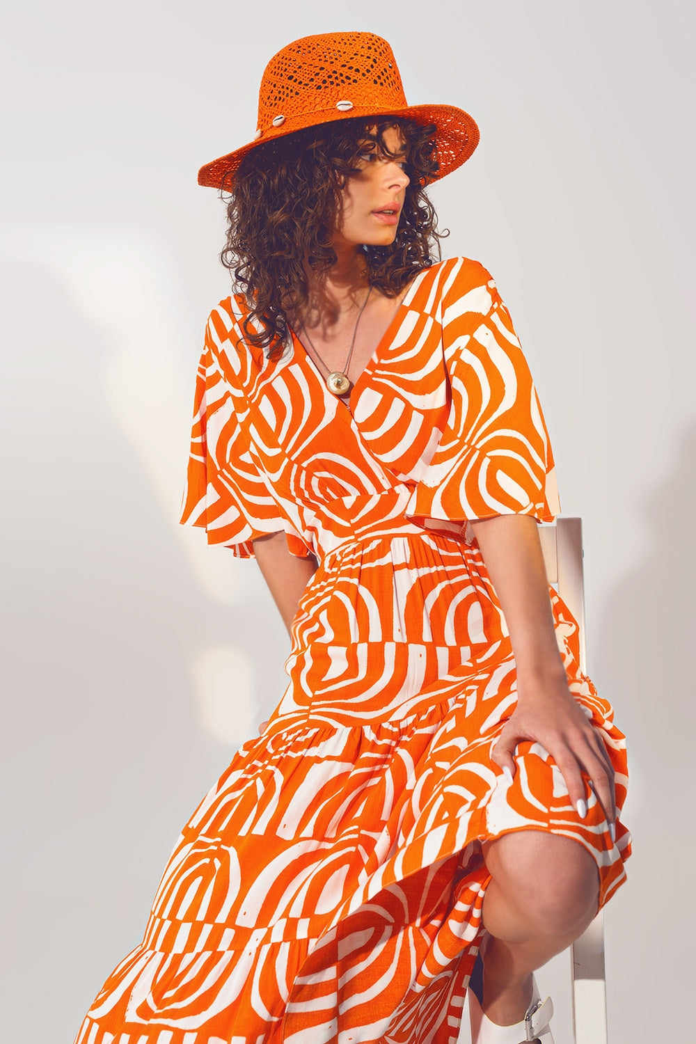 Boho Orange Abstract Print V-Neck Midi Dress Wrap Front Tie Back