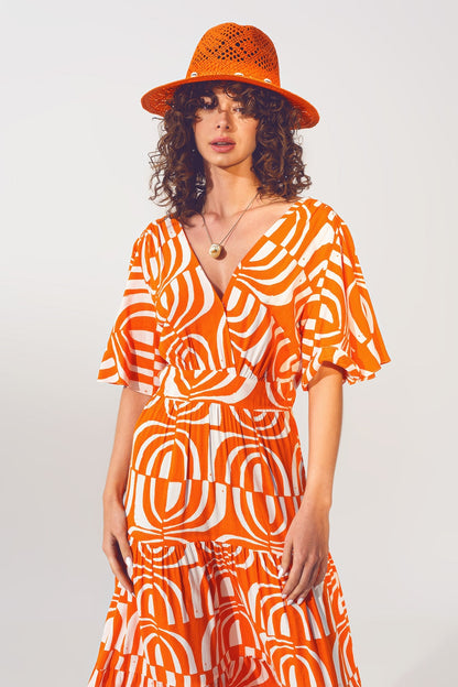 Boho Orange Abstract Print V-Neck Midi Dress Wrap Front Tie Back