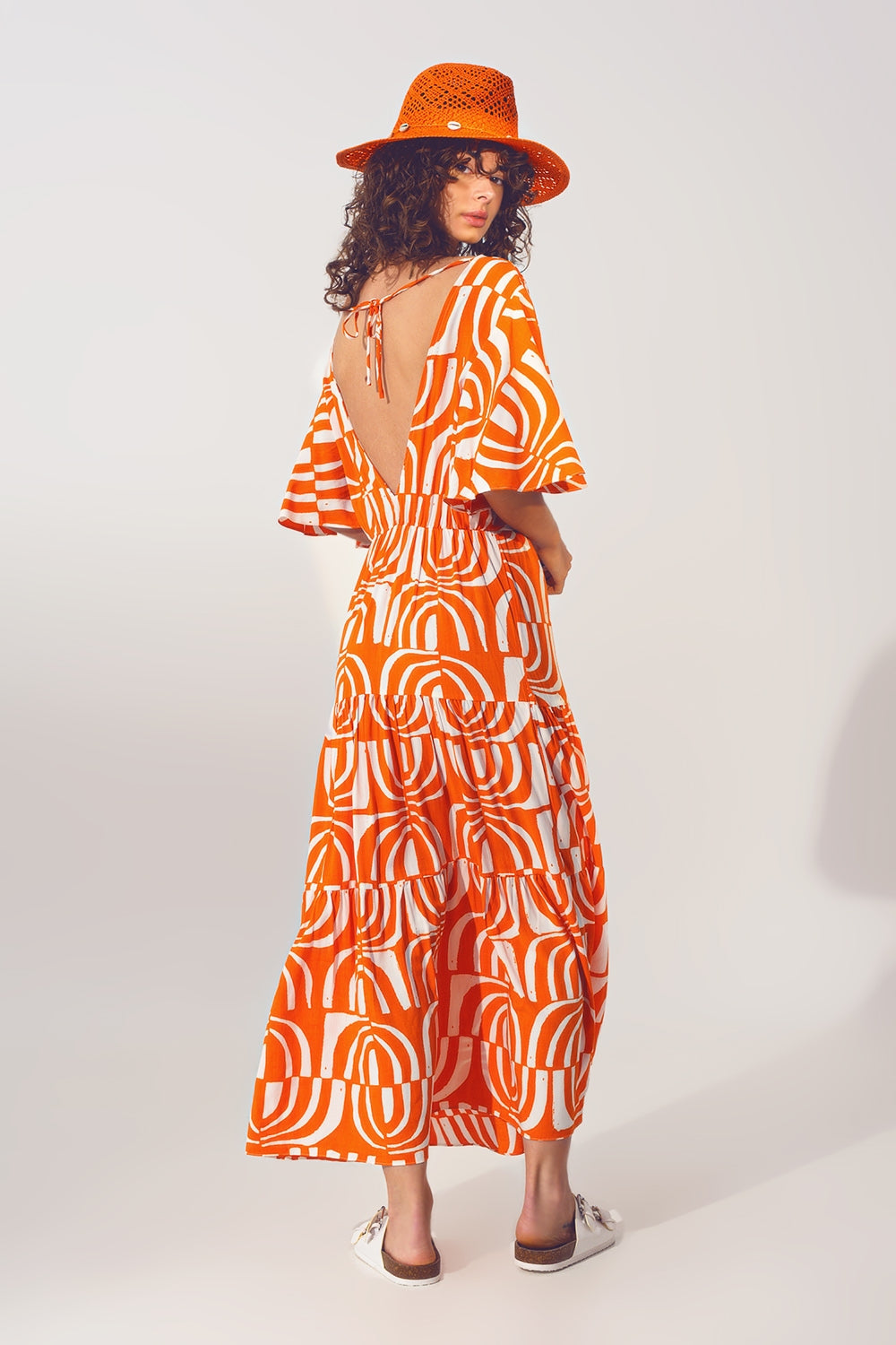 Boho Orange Abstract Print V-Neck Midi Dress Wrap Front Tie Back