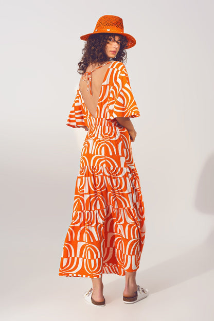Boho Orange Abstract Print V-Neck Midi Dress Wrap Front Tie Back